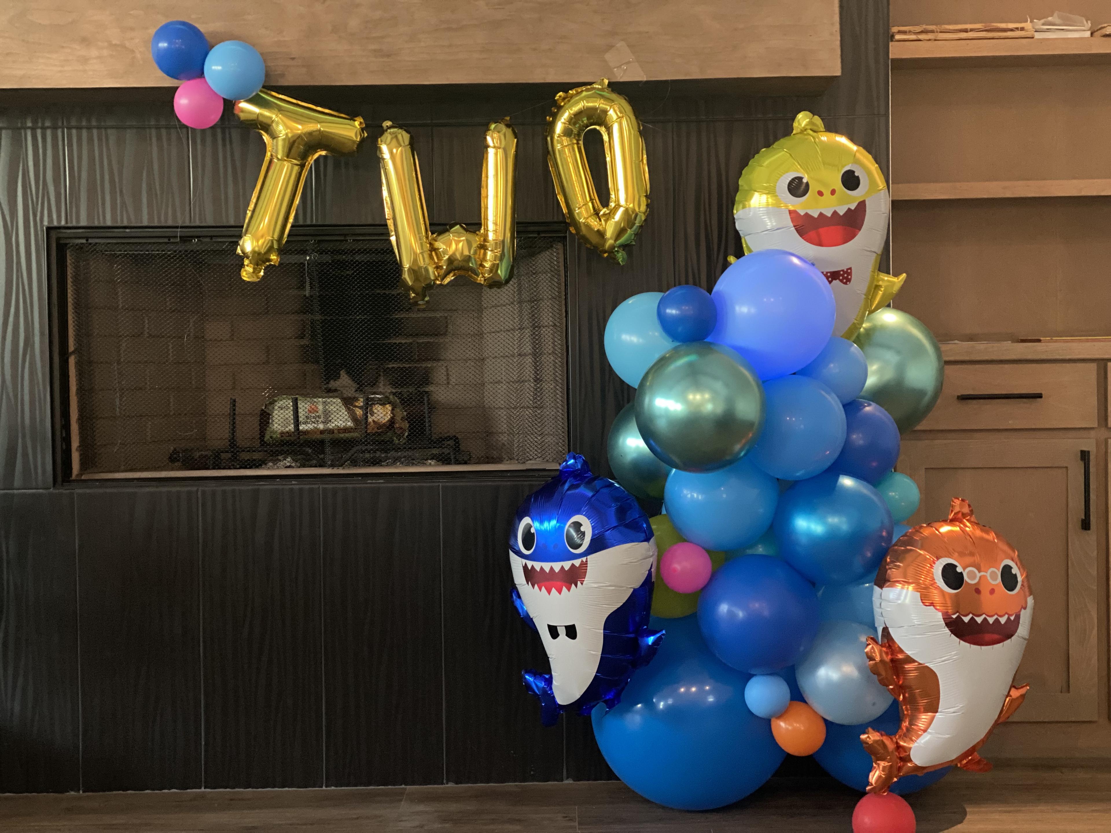 Baby Shark themed balloon arch, multi-color